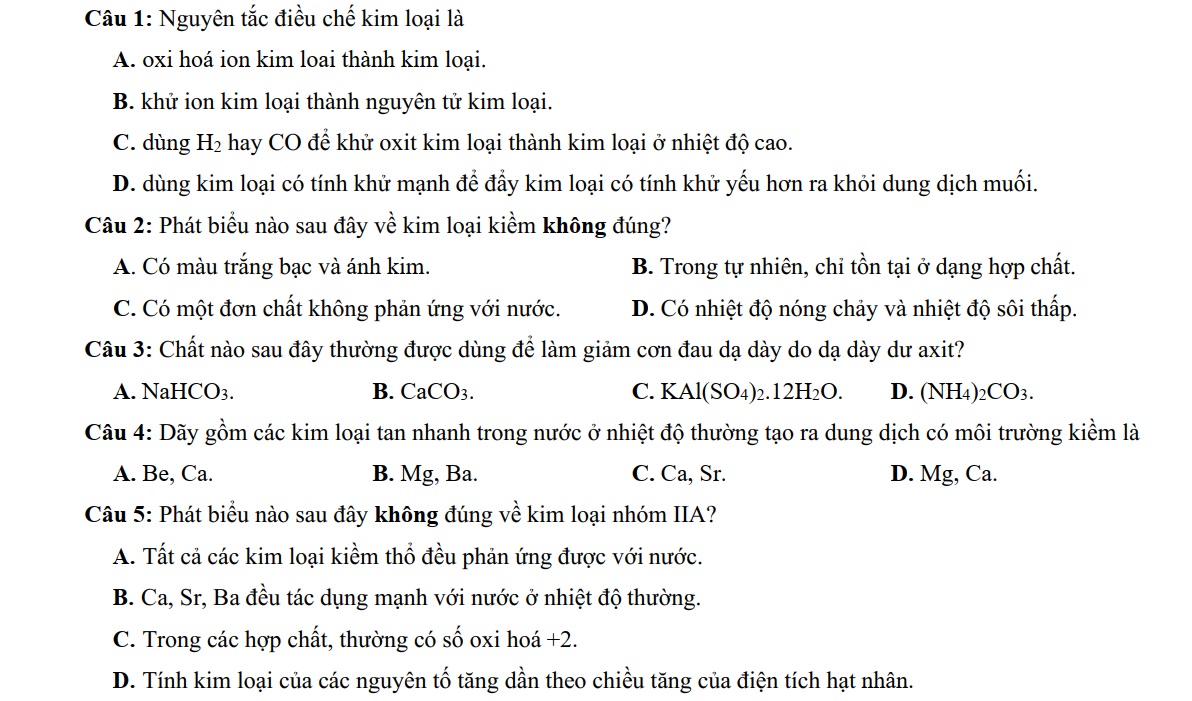 đề kiểm tra 1 tiết hóa 12 chương 6 câu 1 -5