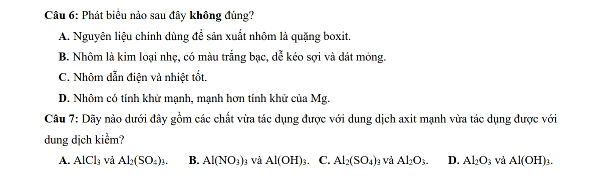 đề kiểm tra 1 tiết hóa 12 chương 6 câu 6-7