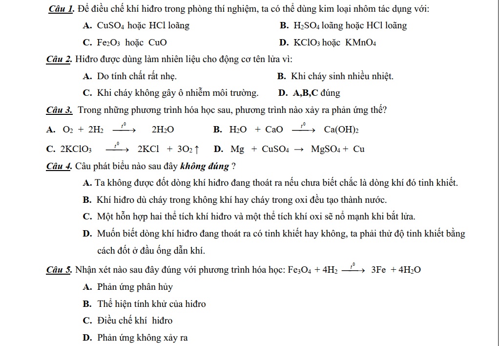 đề kiểm tra 1 tiết hóa 8 chương 5 câu 1 -5