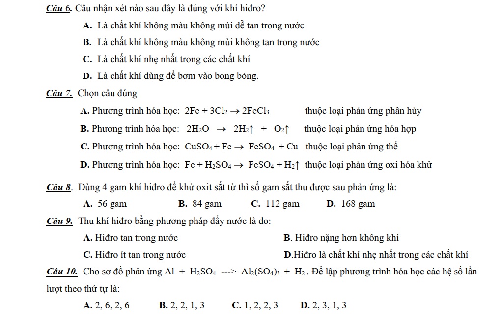 đề kiểm tra 1 tiết hóa 8 chương 5 câu 6-10