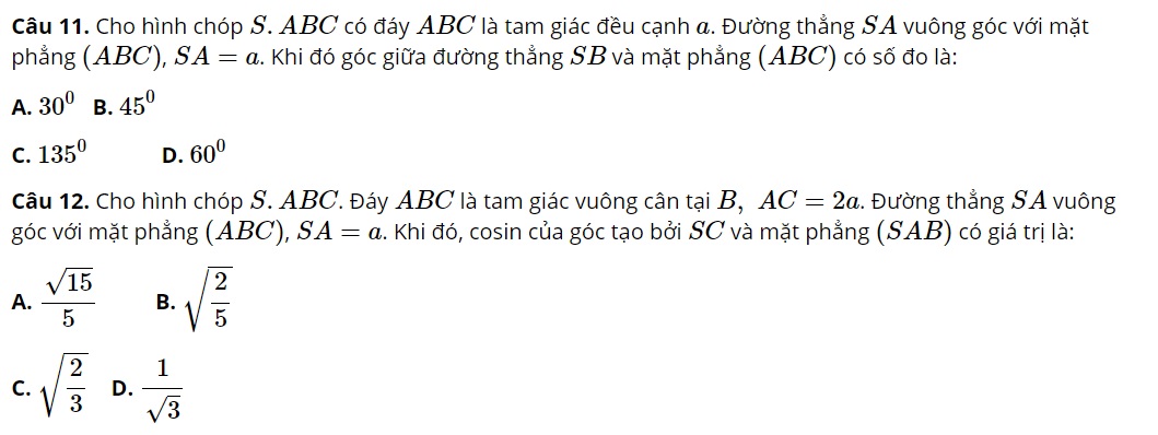 đề thi toán 11 giữa học kỳ 2 câu 11-12