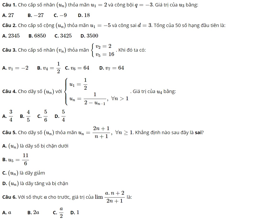 đề thi toán 11 giữa học kỳ 2 câu 1-2-3-4-5-6