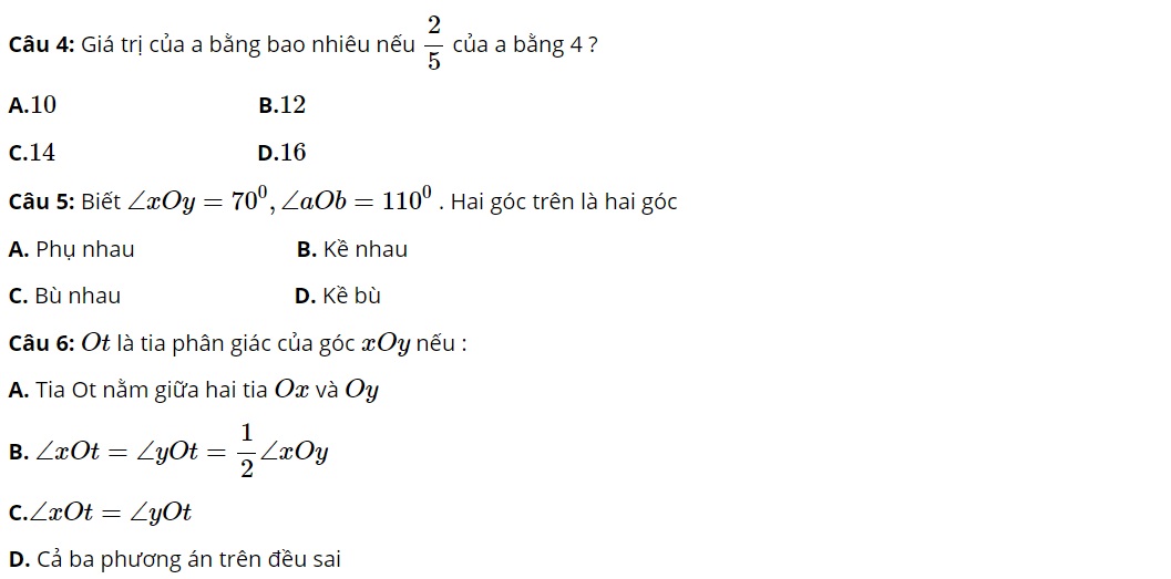 thi thử toán lớp 6 cuối học kì 2 trắc nghiệm câu 4 5 6